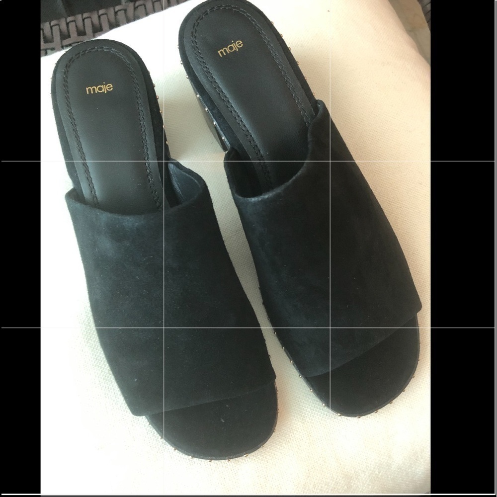 Maje Black Wave Suede  Studded Mules Size 40